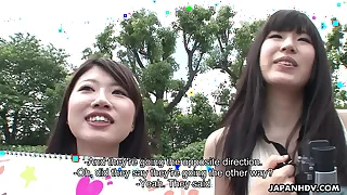 Two adorable Asian teen hitchhikers suck bushwa in the car